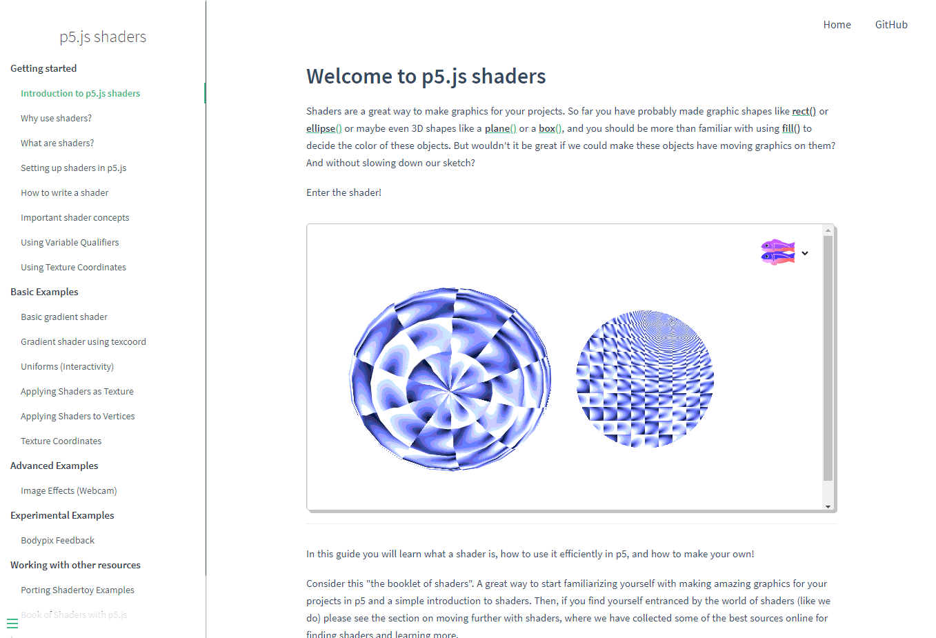 A screenshot of the Introduction page of the p5.js Shaders guide website
