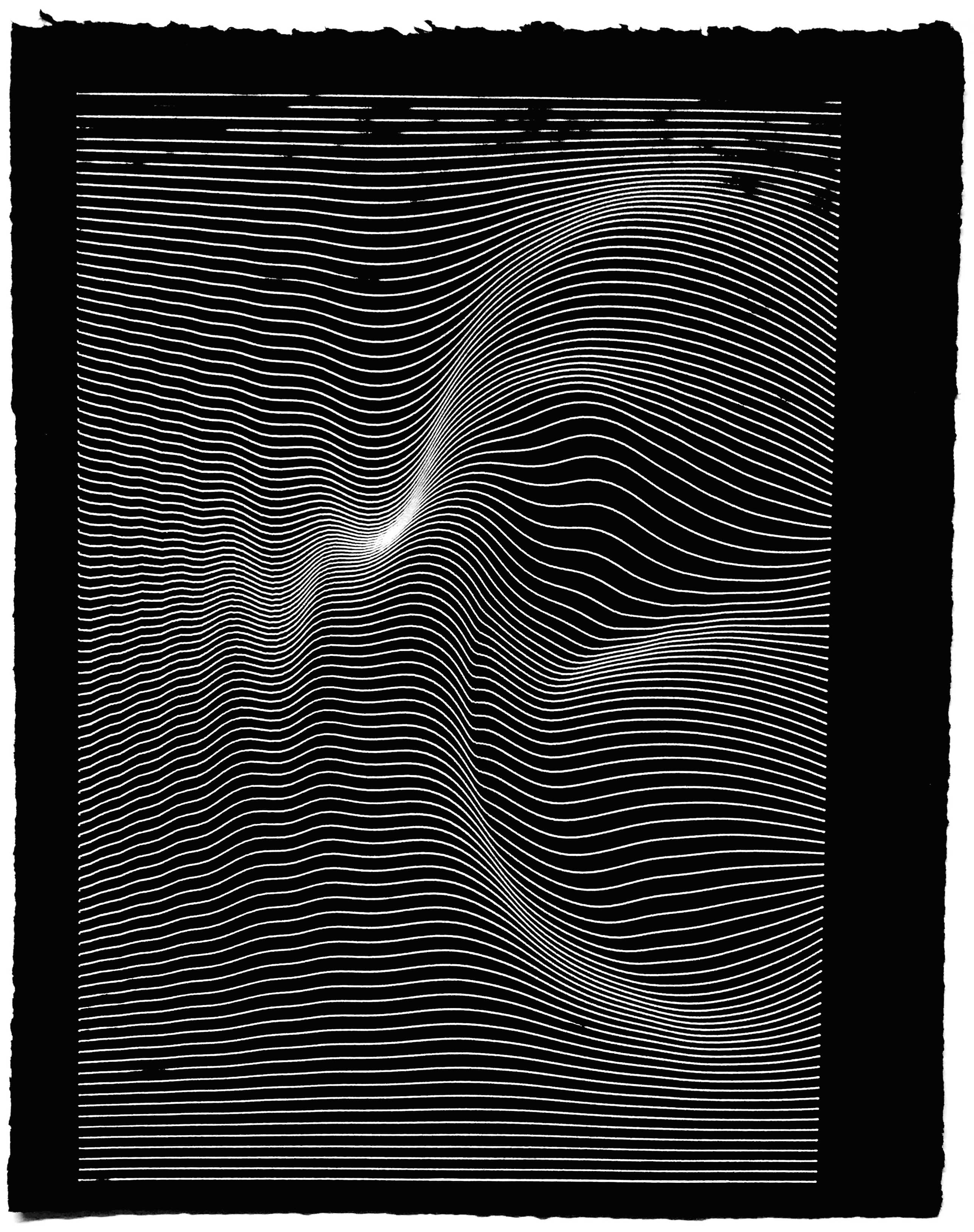 A drawing of a sine wave lerp plotted on black paper using an AxiDraw V3 and a white gel pen.