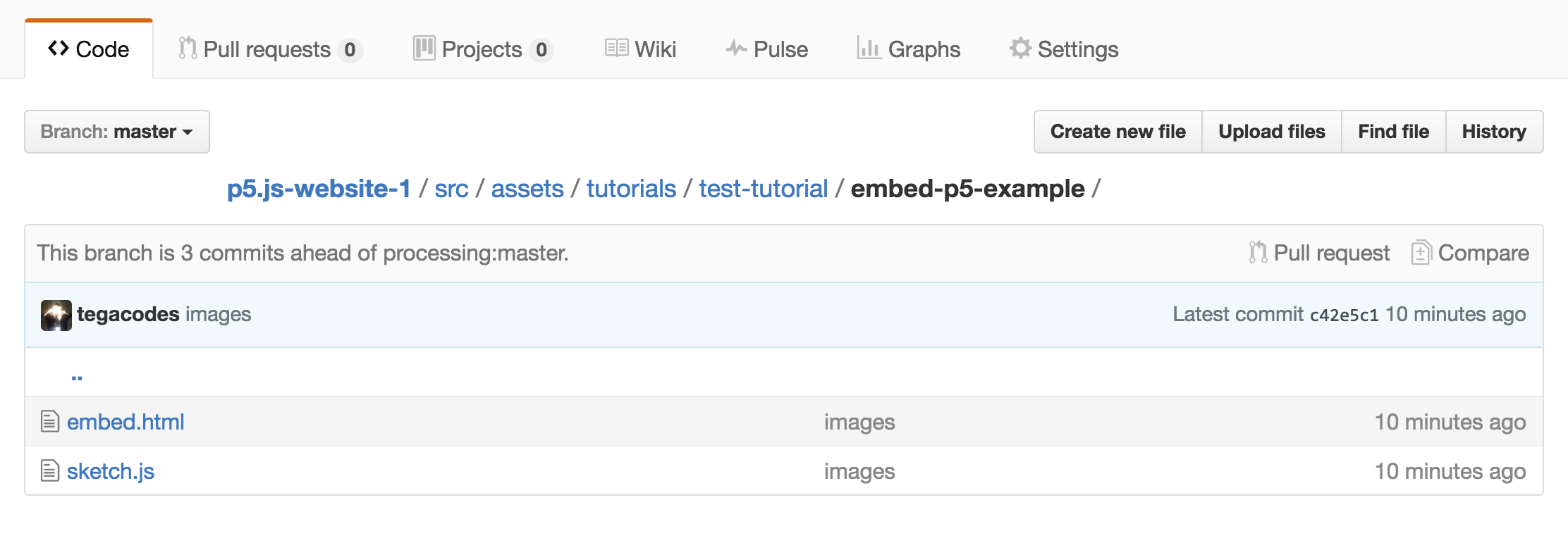 Screenshot of a GitHub page showing an example of an embed.html file for a tutorial sketch.