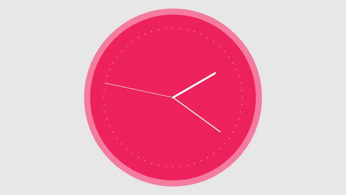 A pink clock on a grey background.