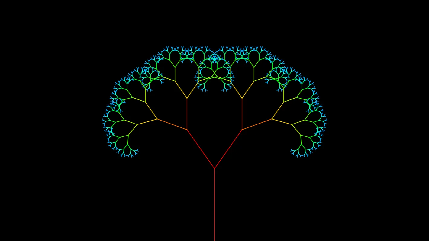 A rainbow fractal tree on a black background.