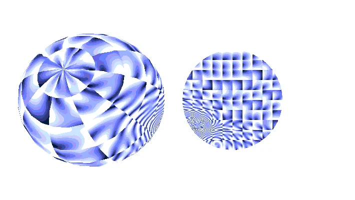 Two spheres broken up into a square grid with a gradient in each grid.