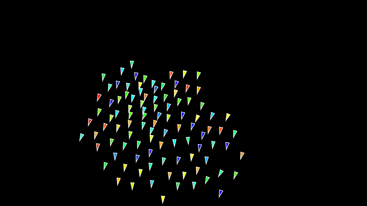 A group of bird-like objects, represented by rainbow triangles, modeling flocking behavior.