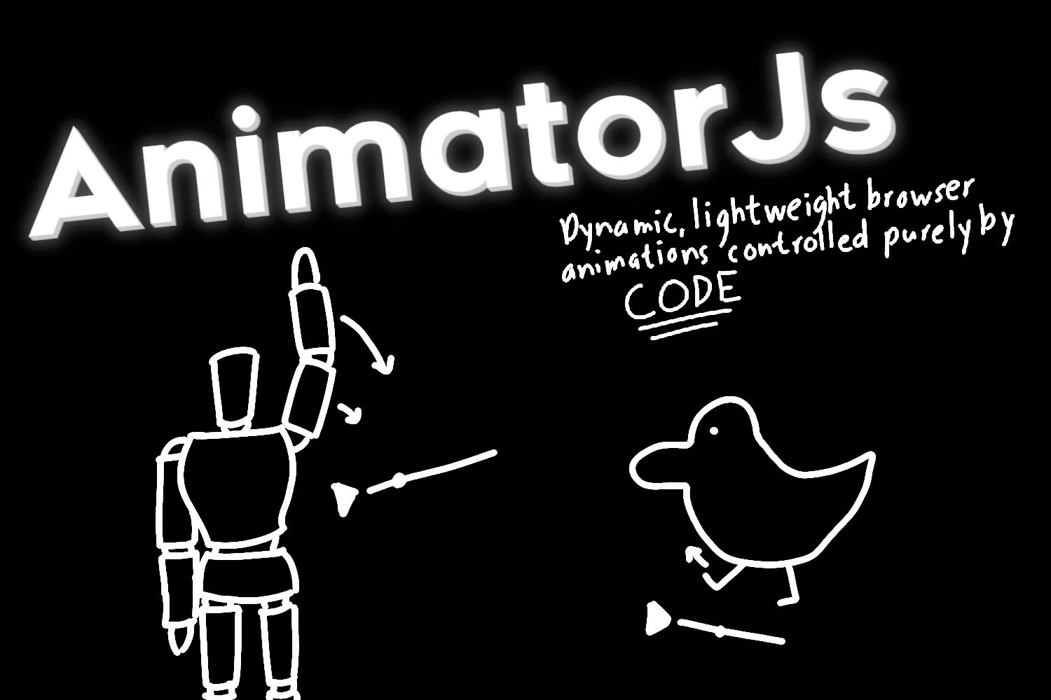 The name "AnimatorJs" above a drawing of a pose manequin and duck animation and arrows indicating how they would move