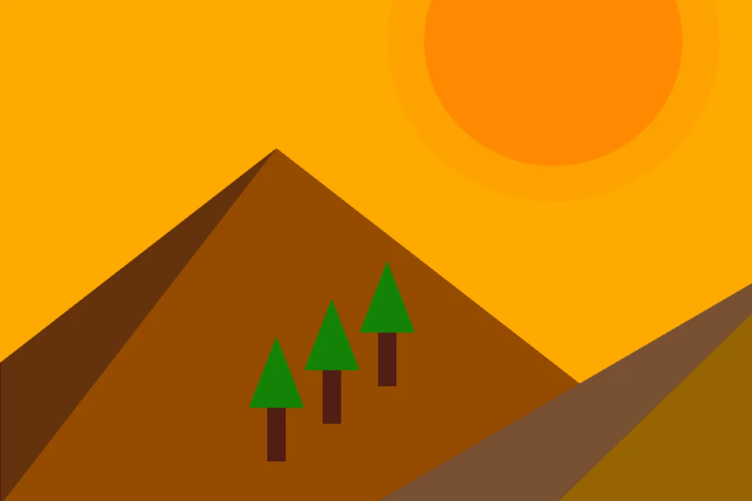 A canvas displaying a snapshot of the sunrise animation from the Conditionals and Interactivity tutorial. The snapshot includes a sun, and trees and mountains in the landscape.