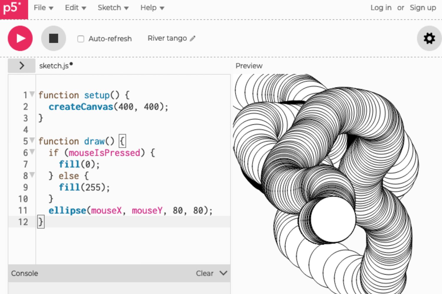 An interactive sketch in the p5.js Editor draws circles on the canvas as the mouse pointer moves.