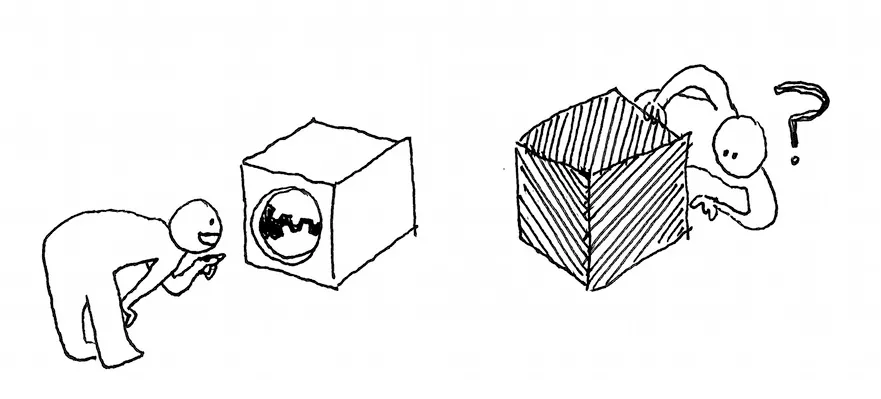 A black-and-white two-panel comic strip. In the first panel, two people examine the inner workings of two boxes. In the second panel, one person snips the string connecting one box to two others.