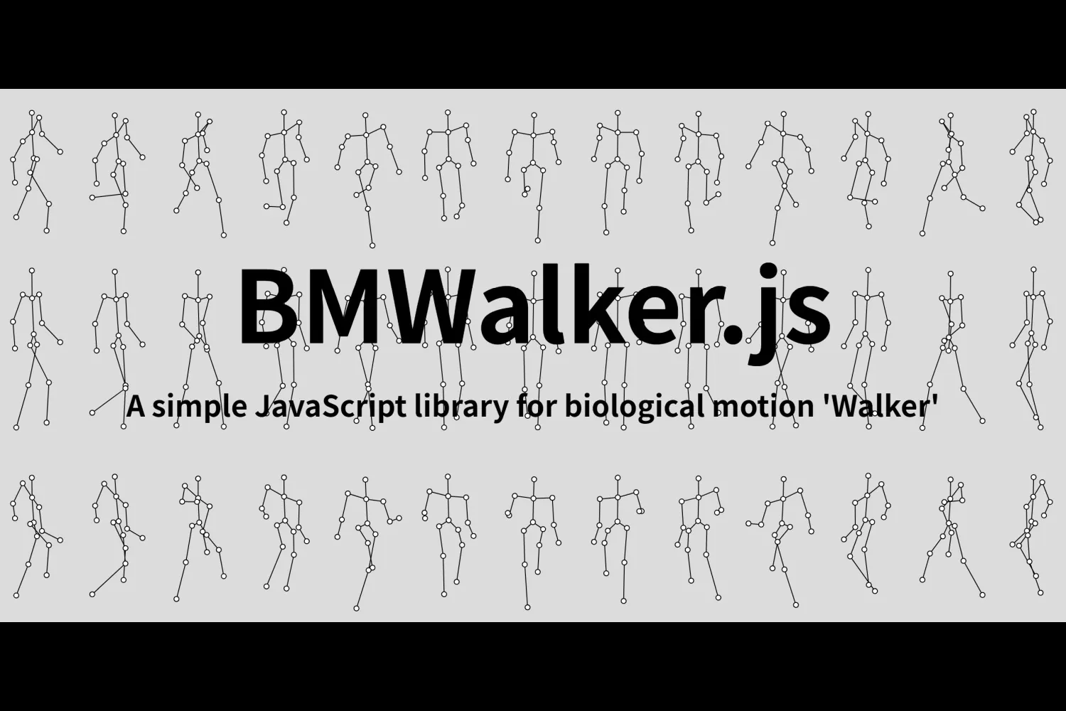 People represented by circles and lines are walking in various directions. A logo and description of 'BMWalker.js' library are placed in the center.