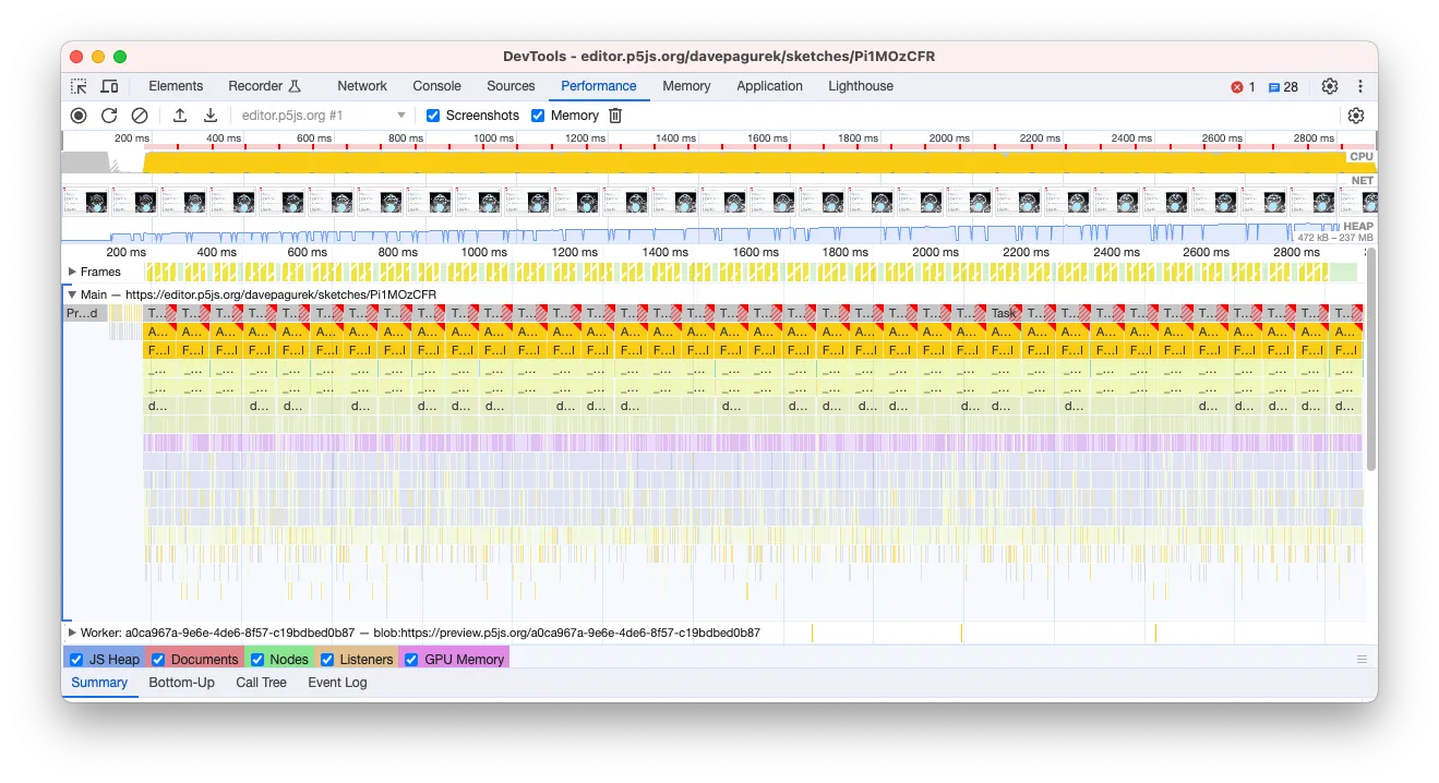 A screenshot of the Chrome developer tools after having recorded a sketch in the Performance tab. It shows a 2D graph, with boxes going from left, and successively smaller boxes stacked vertically below each initial box.