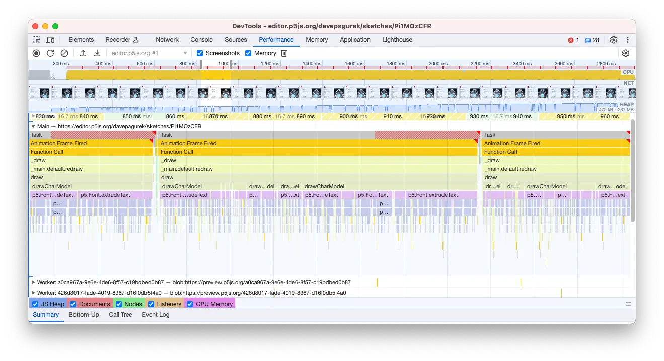 A screenshot of the Chrome developer tools after having recorded a sketch in the Performance tab, zoomed in on one frame of animation. The draw() function takes up the whole frame, and it is subdivided into the functions called by draw(), and the functions those functions call.