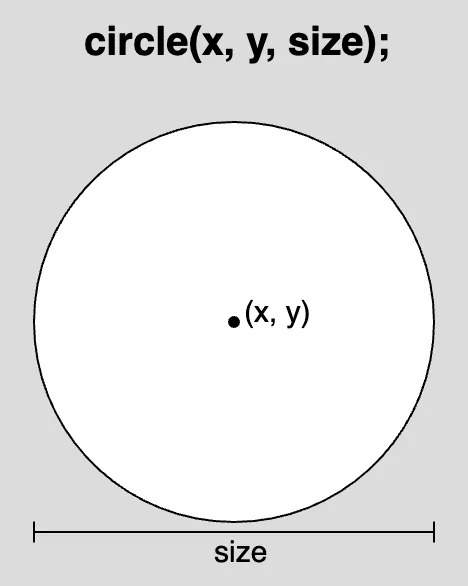 A diagram of a circle with a center point at (x,y) and diameter “size”. The syntax for the syntax for using the circle function is displayed above the diagram as: “circle(x, y, size);”