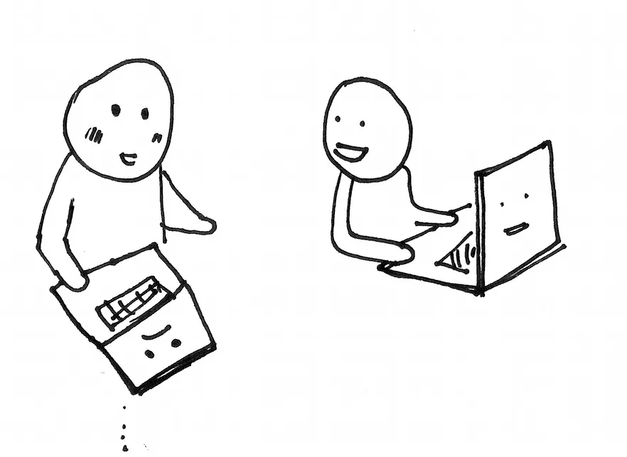 A black and white illustration of two people collaborating while working on computers.