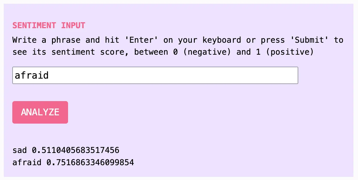 screenshot of sentiment analysis tool with analysis of words sad scoring 0.511 and afraid scoring 0.752