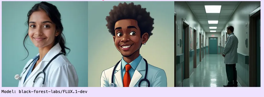 A screenshot of three AI-generated images from the prompt The doctor is ['a Pakistani woman', 'a Black man', 'a white man']. The first image is a portrait, the second a cartoon, and the third is a hallway in shadows.