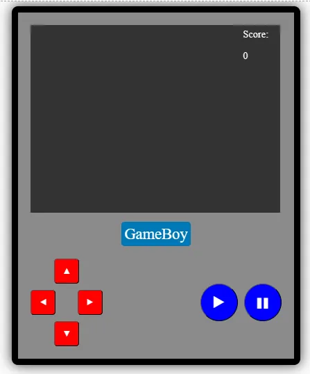 A graphical representation of a classic handheld gaming device, reminiscent of a GameBoy. The screen area is large and dark, indicating it's switched off or in a standby mode, with a score display reading "Score: 0" at the top right corner. Below the screen is the label "GameBoy." It is in bold, blue text over a gray background. The device has a set of red arrow-shaped buttons on the left. They form a directional pad. On the right are two blue round buttons. They have the play and pause symbols. All the buttons are on a dark gray body. The image has a simple and clean aesthetic, capturing the essence of retro gaming hardware.