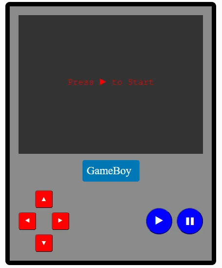 The image features a digital rendition of a Gameboy with a gray body and a dark screen displaying the text "Press > to Start" in a classic Courier font. Below the screen, the word "GameBoy" is presented in a bold, sans-serif font on a blue background, creating a contrast. Red arrow buttons and blue round buttons for play and pause are also visible, adding to the nostalgic gaming theme.