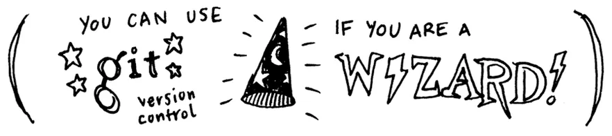 A black-and-white cartoon illustration of the text “You can use git version control if you are a wizard!”