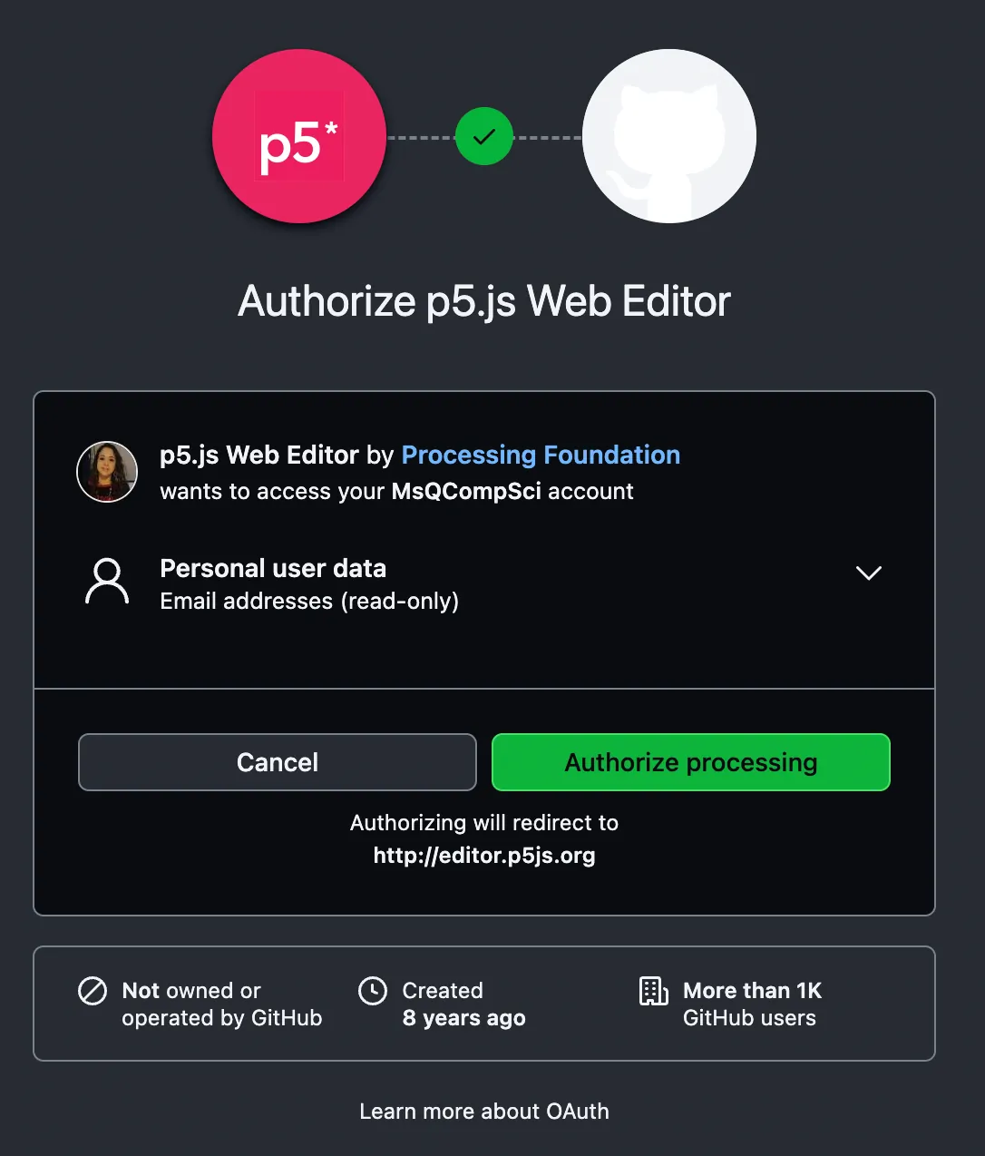 A GitHub third party authorization window informing users that p5.js Web Editor wants to access their GitHub account and read email addresses from their personal user data. Users can cancel the request by clicking the “Cancel” button, or approve the request by clicking the “Authorize processing” button.