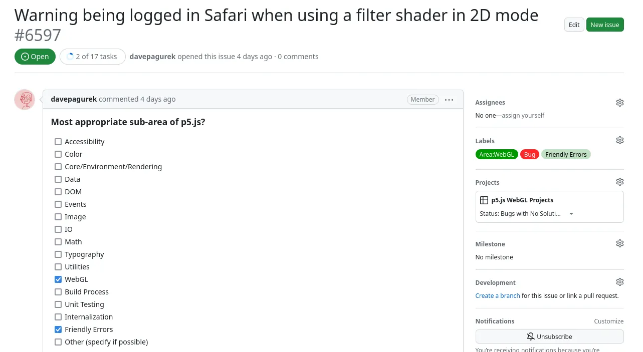 Screenshot of an example of what an issue looks like on GitHub. The title of the issue in the screenshot is "Warning being logged in Safari when using a filter shader in 2D mode #6597"