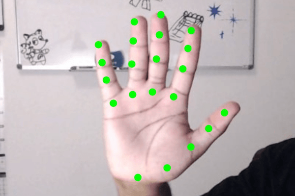 The palm of a hand with 4 points in green color that identify each finger, and 5 green points identifying the thumb and bottom of the palm.