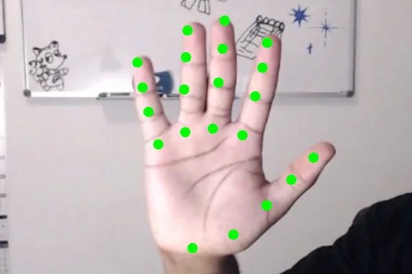 The palm of a hand with 4 points in green color that identify each finger, and 5 green points identifying the thumb and  bottom of the palm.