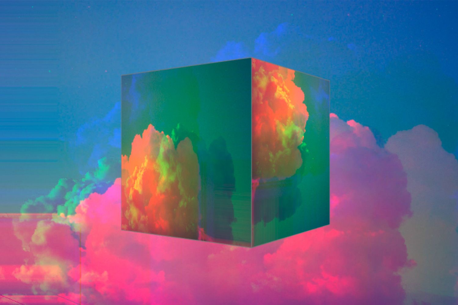 Colorful clouds with a floating cube reflecting the clouds