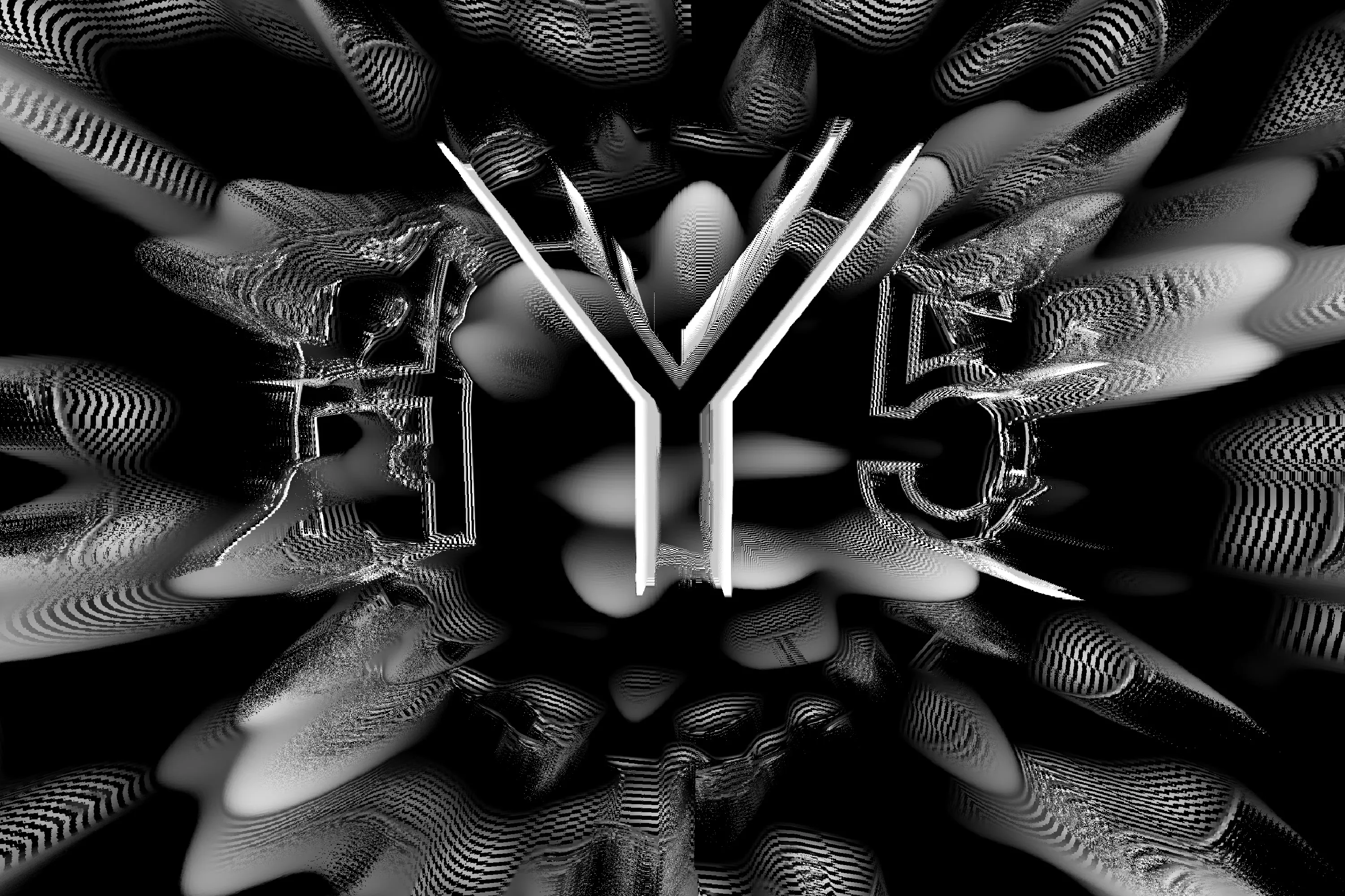 p5.js spheres with texture from hydra and 'HY5' text, processed a second time with hydra.
