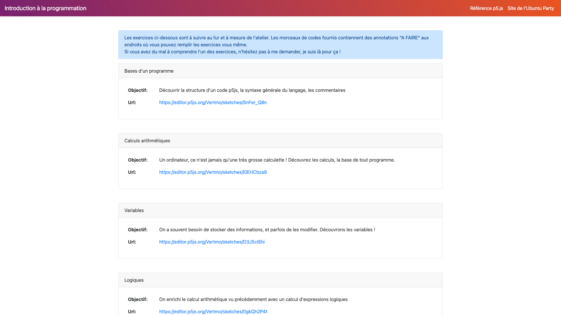 A screenshot of the website with a list of p5.js examples