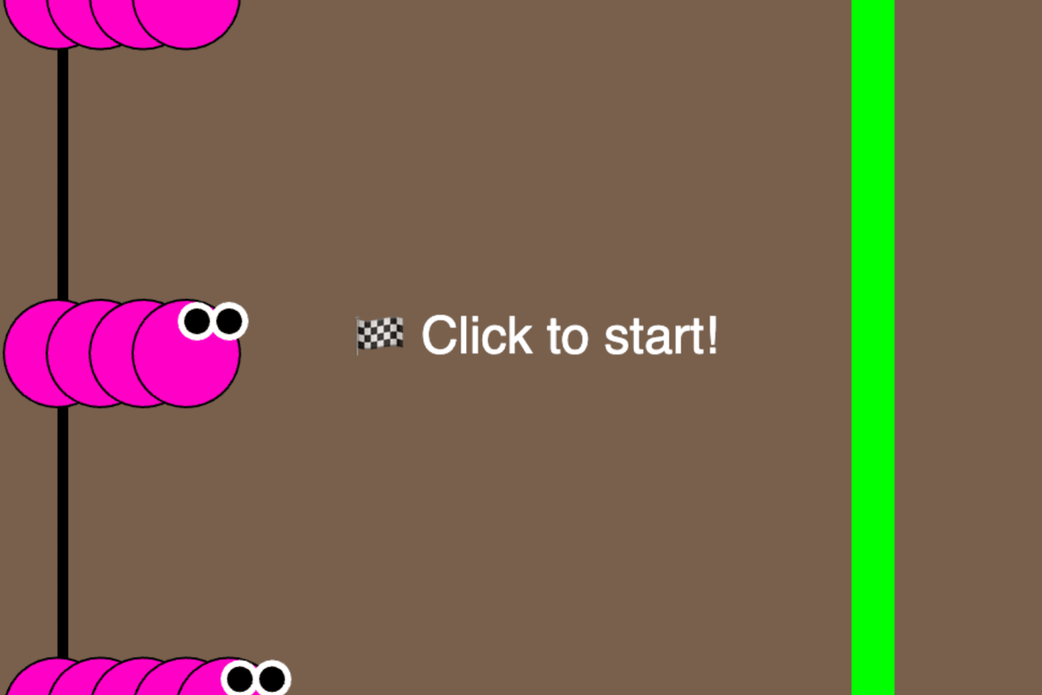 Three pink caterpillars with googly eyes on the starting line wait for the race with the text “Click to start”.