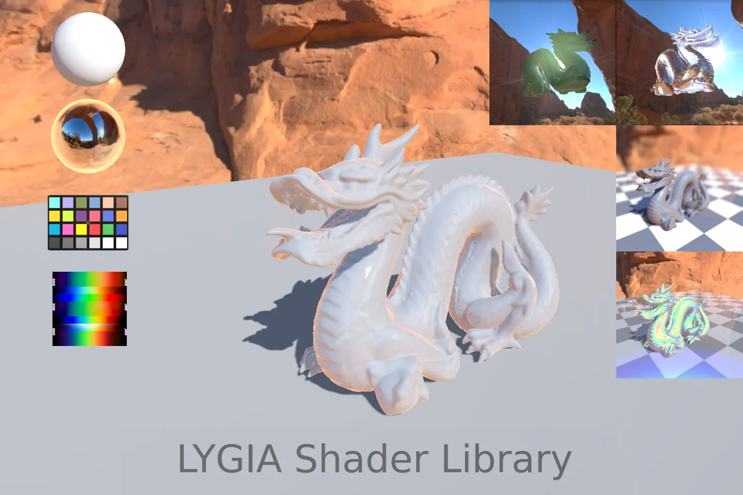 Different property materials and color adjustments applied to Standford Dragon geometry, using LYGIA's reusable functions