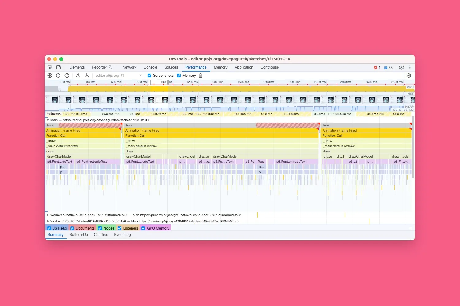 A screenshot of the profiler in the developer tools of Google Chrome