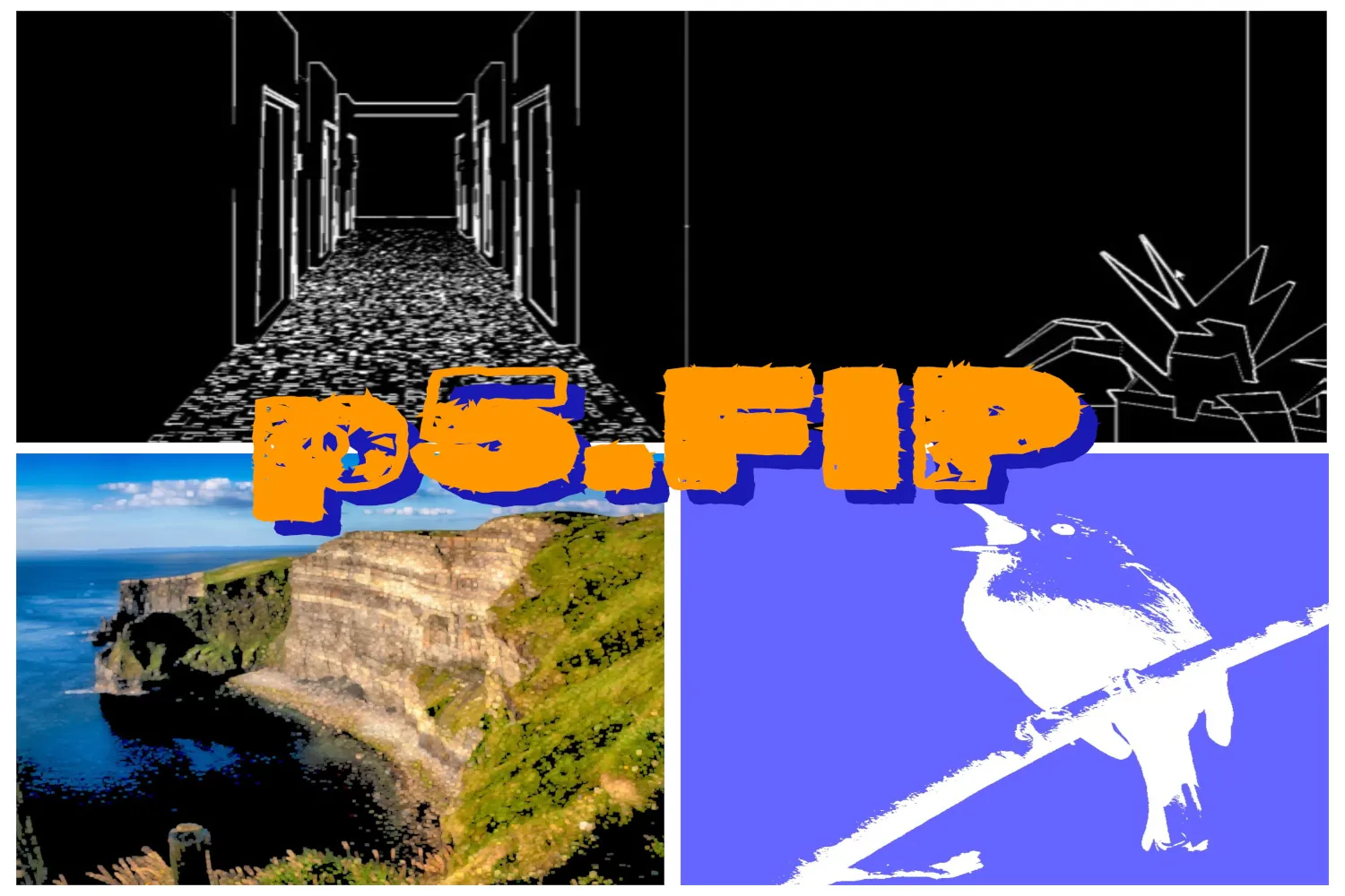 The cover image for the p5.FIP library. Depicts a collage of three photos created using the filters in p5.FIP.