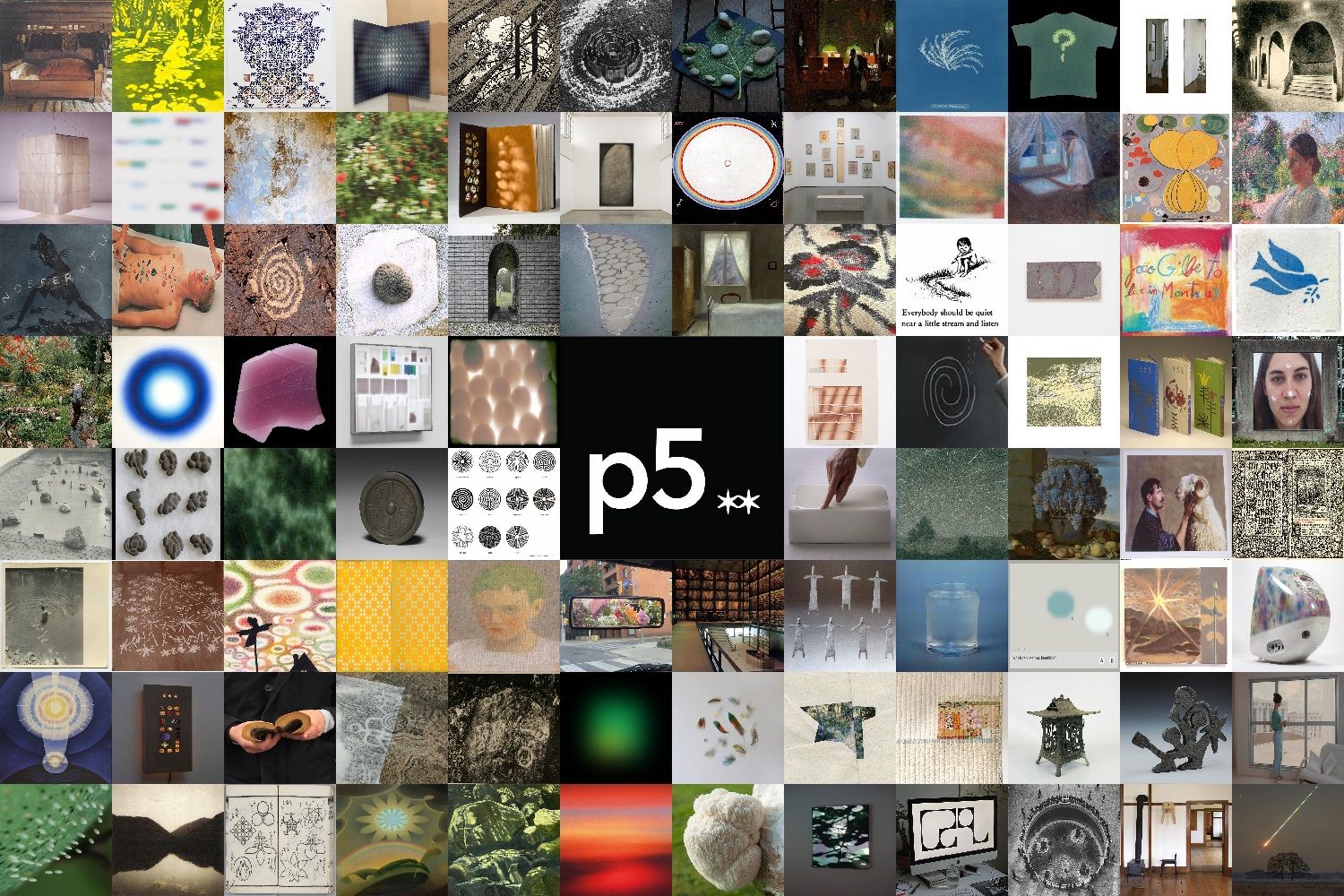 A dense grid of images loaded from an Are.na channel, with the p5.js logo at the centre.
