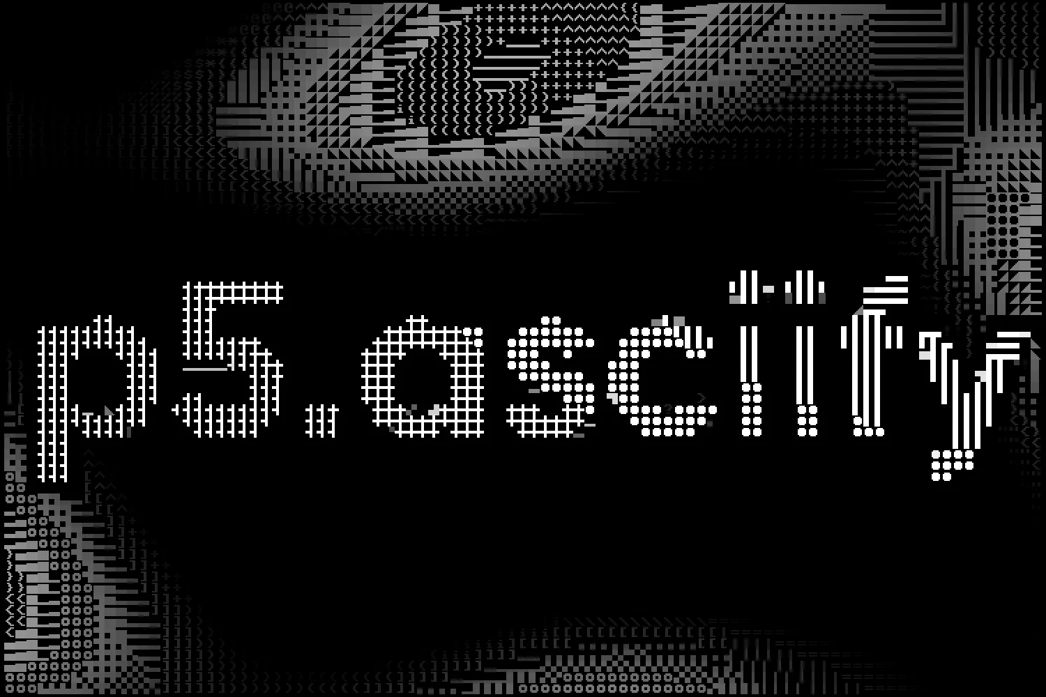 A grid of ASCII characters representing perlin noise, with a centered logo reading "p5.asciify".