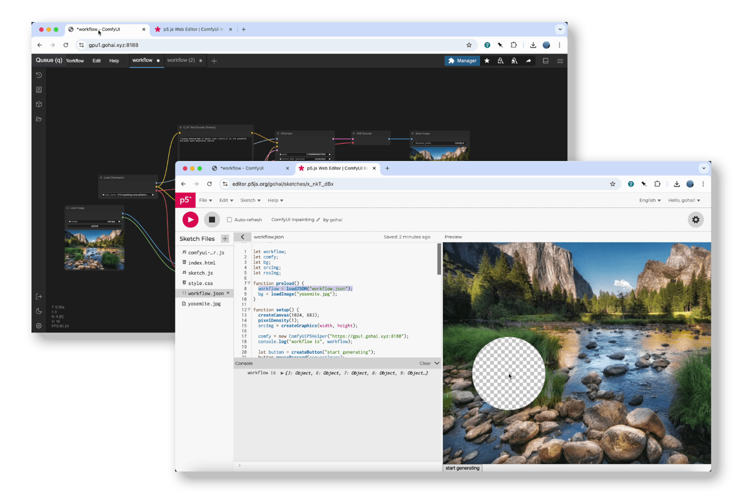 Screenshot of two browser windows - one, running an instance of ComfyUI, the other running a p5.js sketch