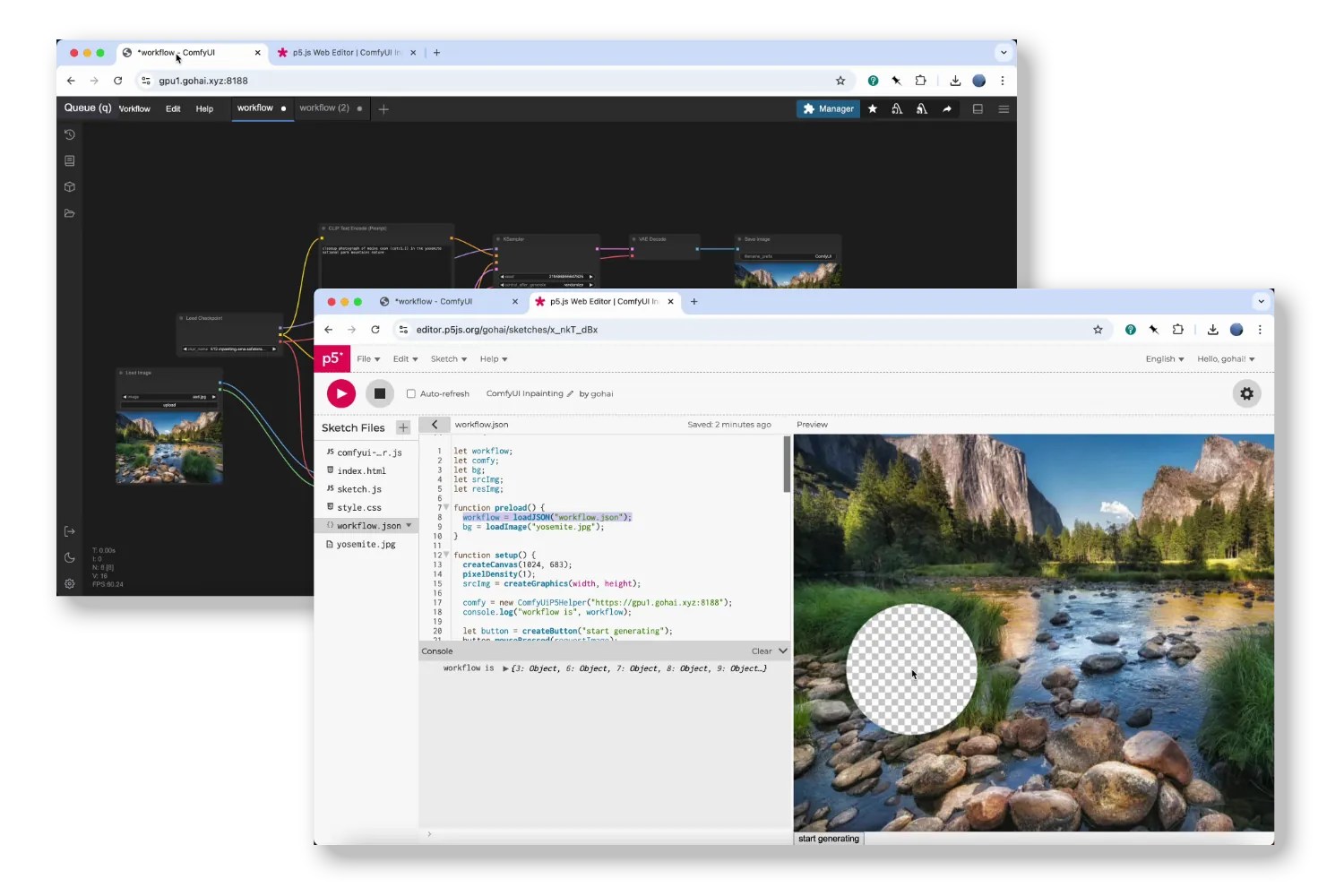 Screenshot of two browser windows - one, running an instance of ComfyUI, the other running a p5.js sketch
