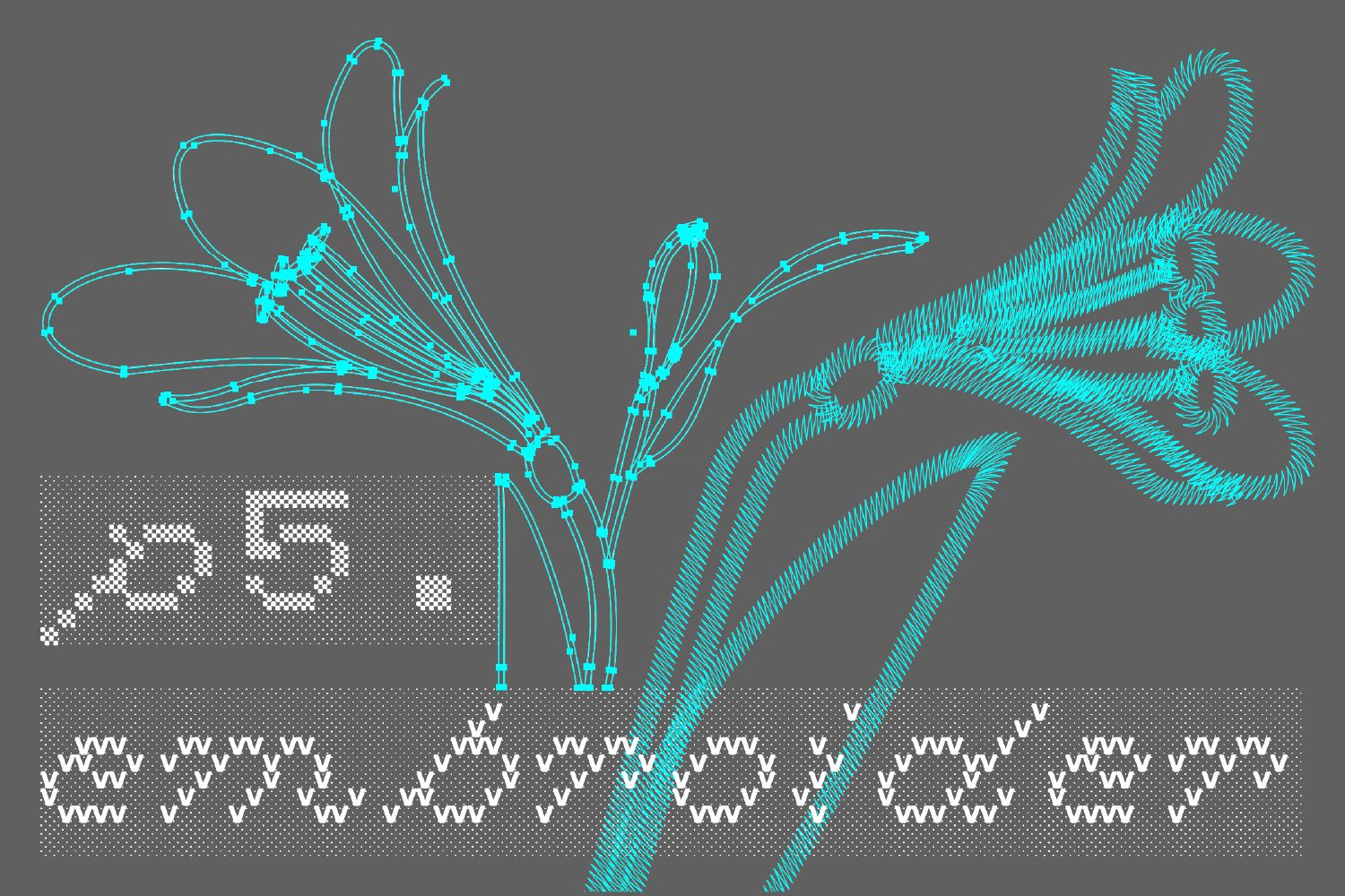 A digital illustration on a gray background featuring teal-colored floral embroidery patterns alongside pixelated white text that reads p5.embroider.