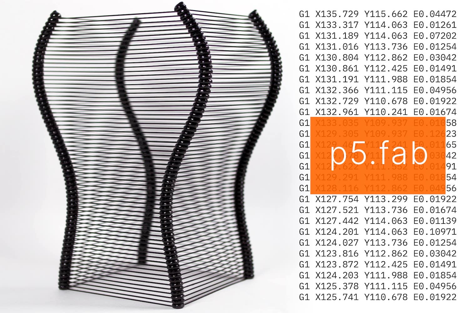 An image of 3D printed vase made with p5.fab, next to lines of G-Code overlayed with the title 'p5.fab'.