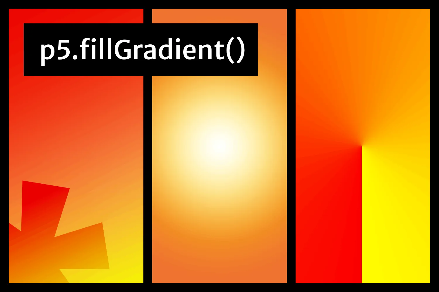 Three gradients (linear, radial, and conic) created using p5.fillGradient
