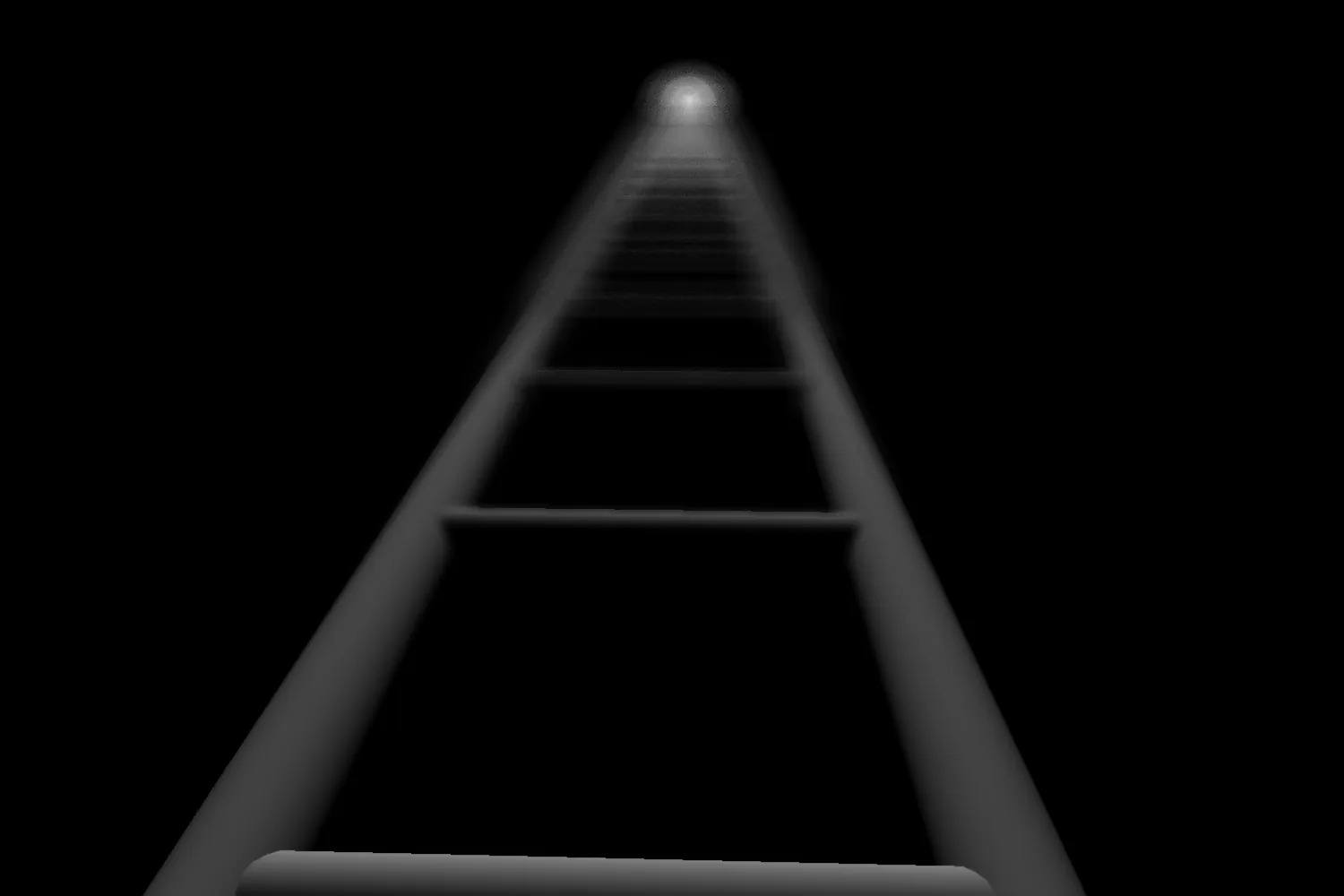 A ladder looking up a shaft towards some light, going progressively more out of focus as it goes into the distance