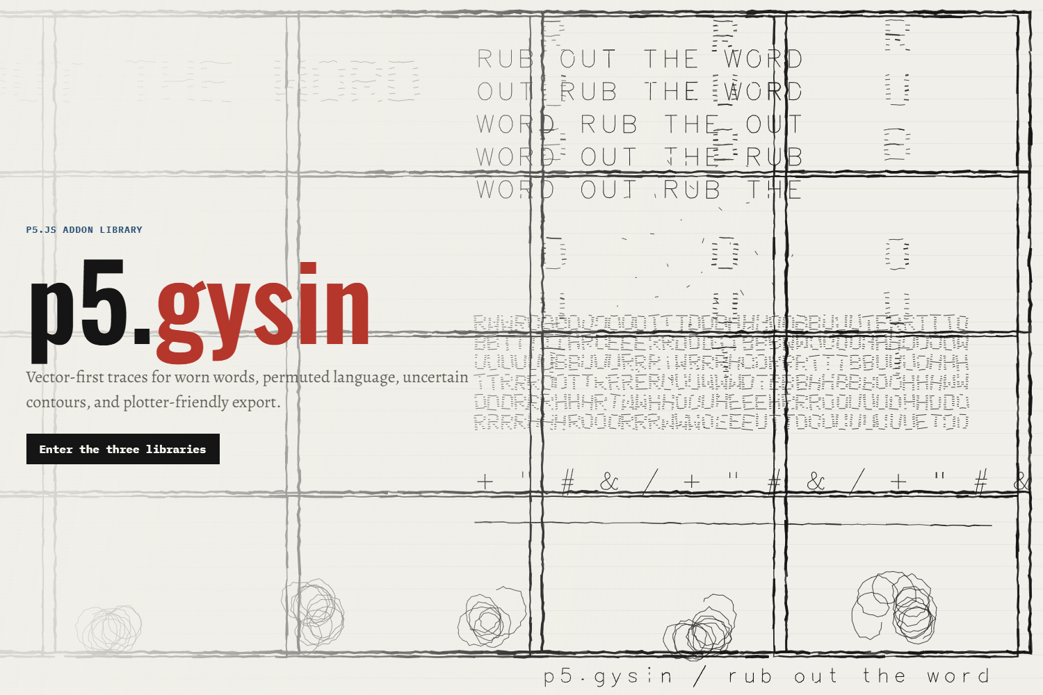 The p5.gysin title beside a grid of worn words, interrupted lines, and circular traces on cream paper.