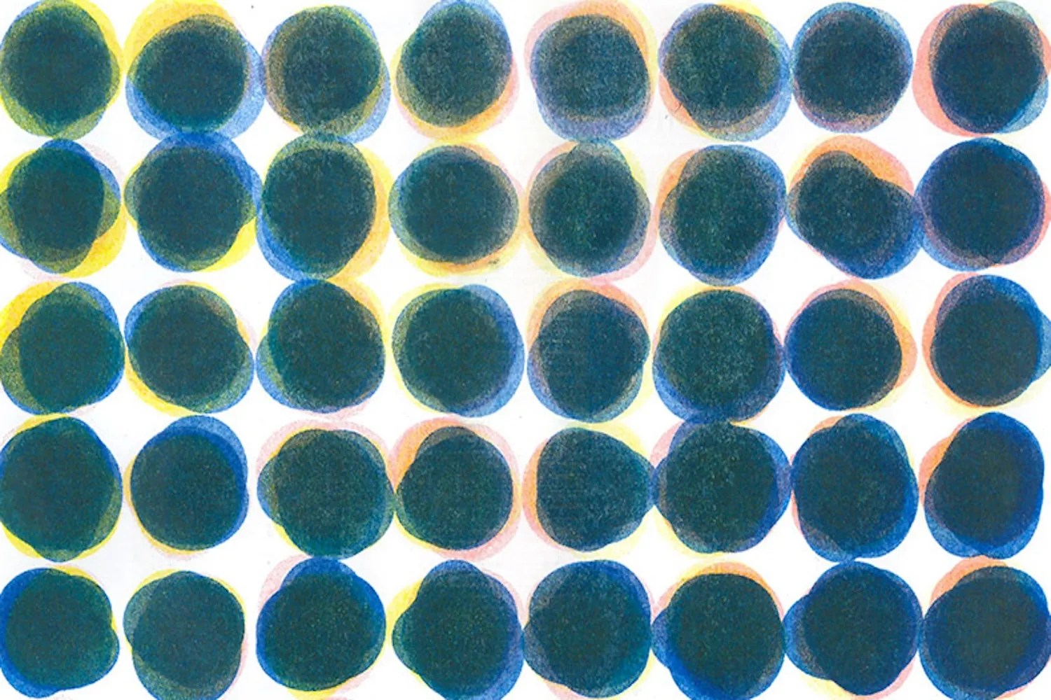 a grid of wobbly circles of ink of different riso colors overlapping and blending
