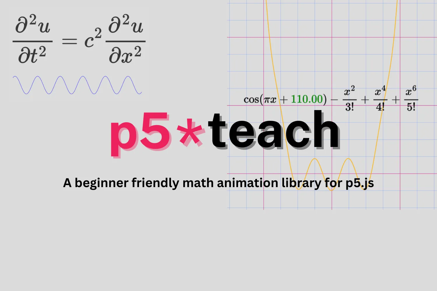 Wave equation on the upper left corner and right upper corner has a graph of cosine function plus some polynomial terms. A logo and description of 'p5.teach.js' library are placed in the center.