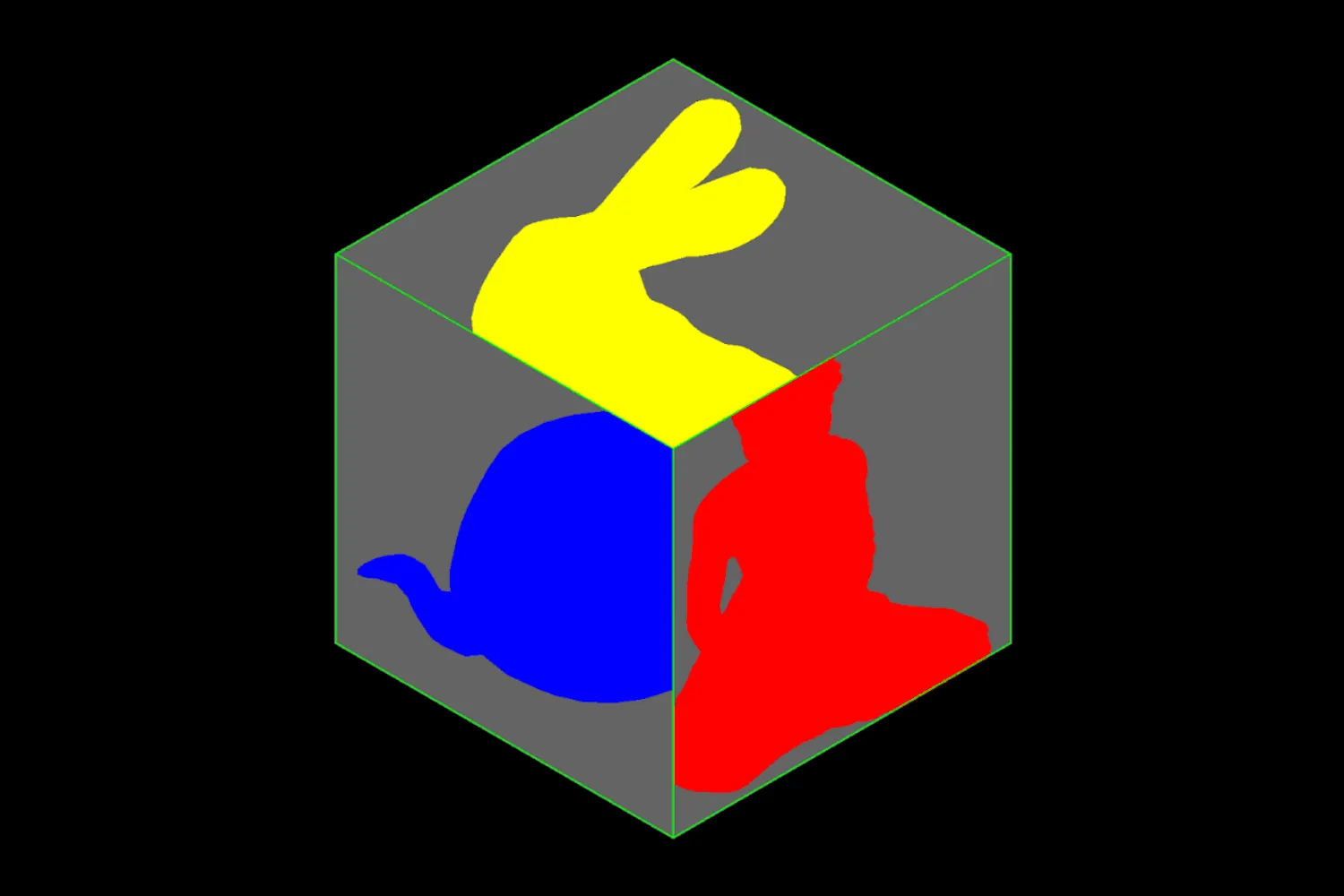A non-Euclidean geometry cube with faces showcasing teapot, bunny, and Buddha models.