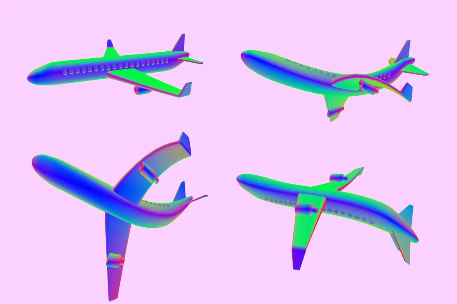 Four images of a 3D airplane twisting upside-down
