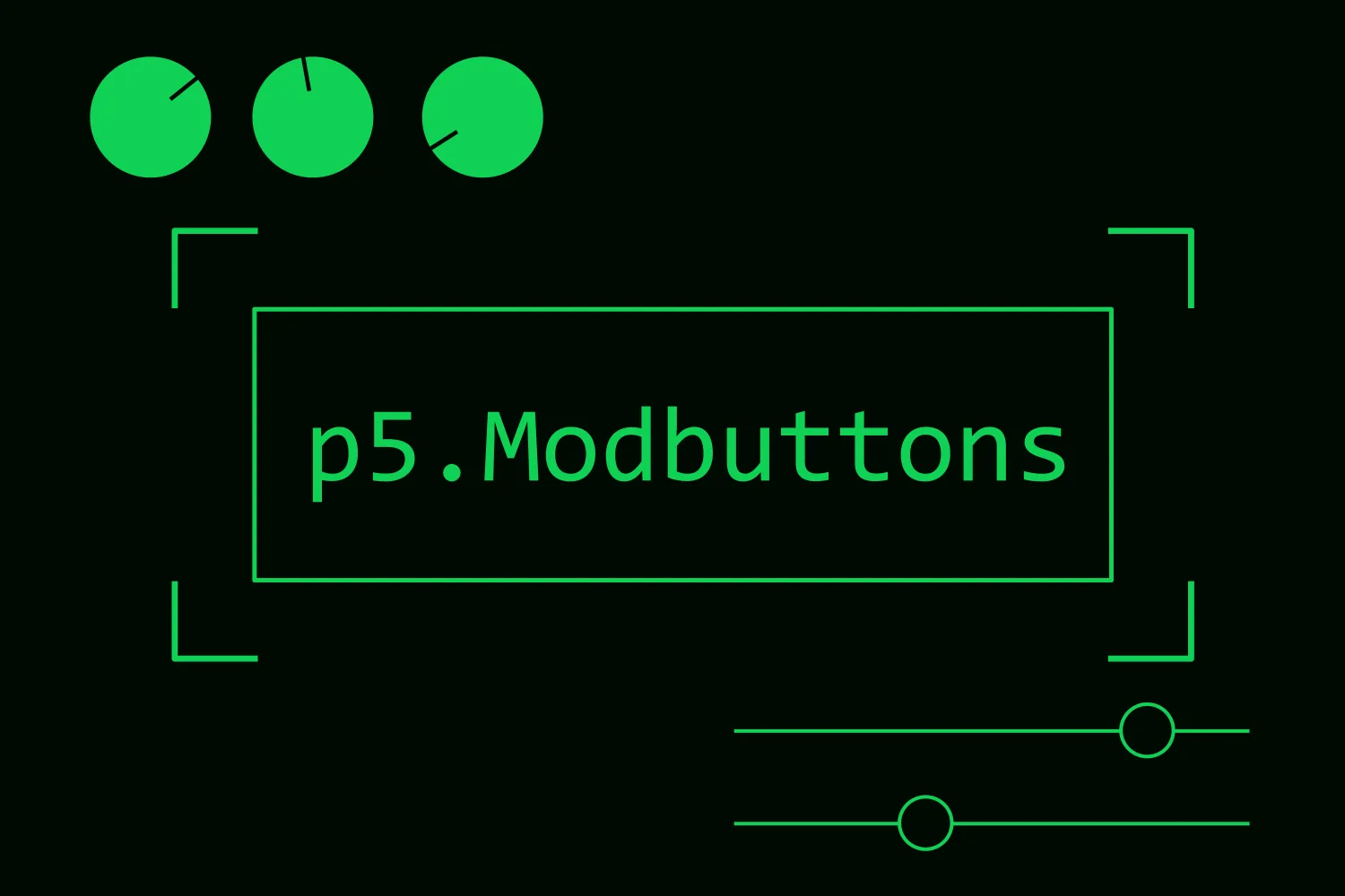 a rectangle on a black background with a green outline with the text p5.Modbuttons inside, there are multiple dials and sliders around the central rectangle