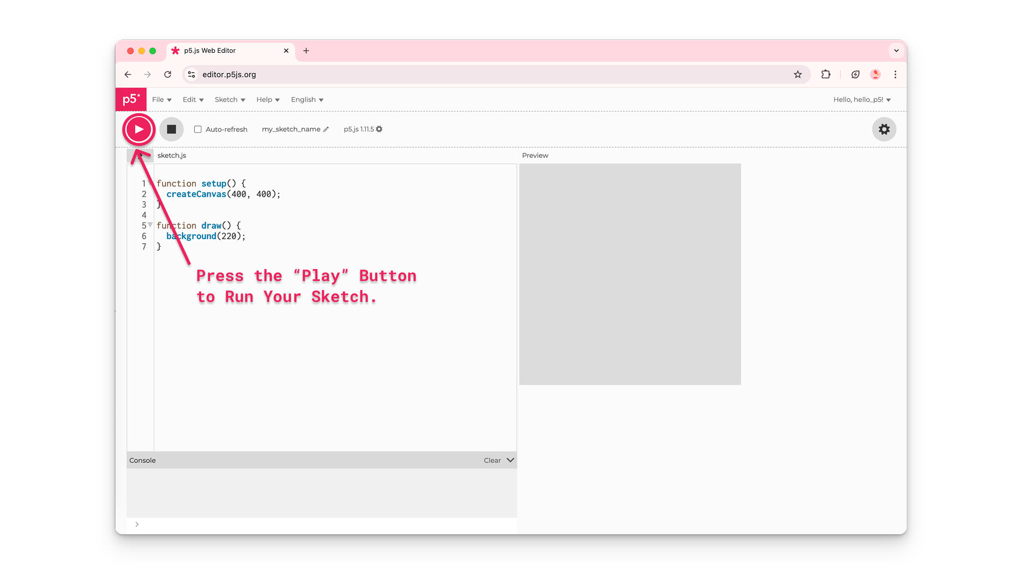 A blank canvas appears in the preview window of the p5.js Web Editor when a user clicks on the “Play” button in the top right corner.