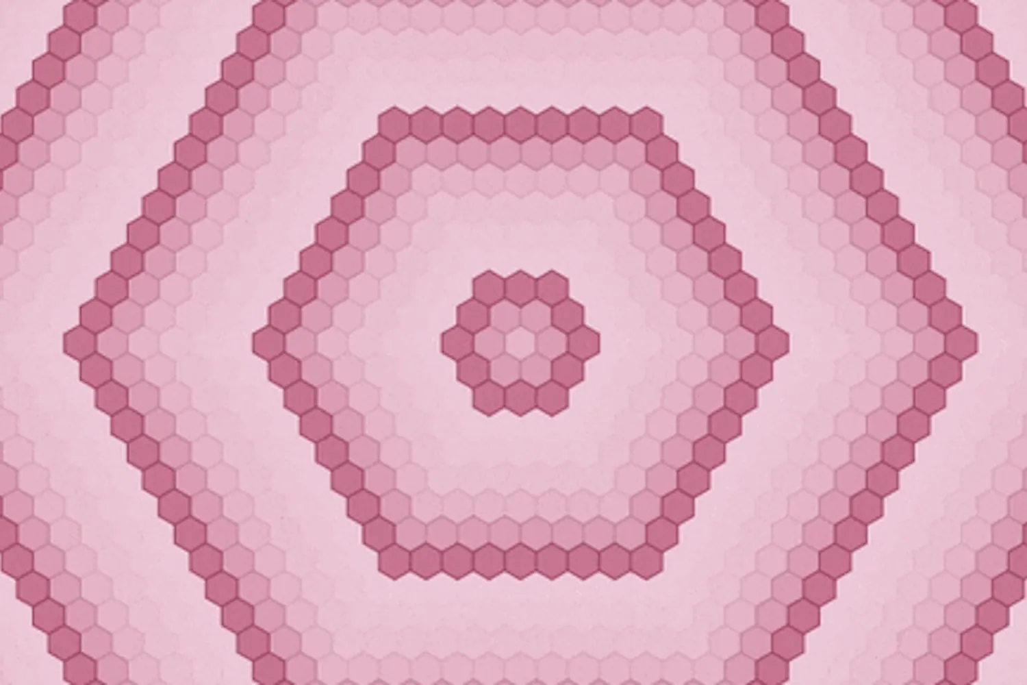 A hexagonal grid with pink rings eminating from the center. Each pink ring is followed by pink rings of a lighter color