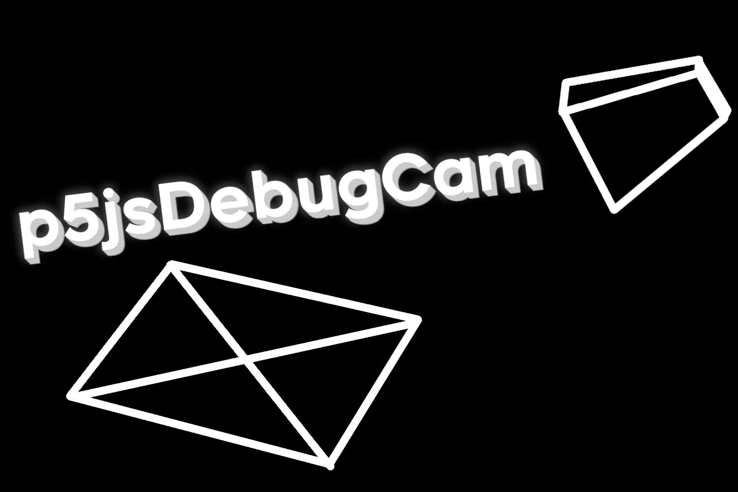 An image of a wireframe platform with the 3d word "p5jsDebugCam" floating on top of it and a debug camera pointed and looking at both