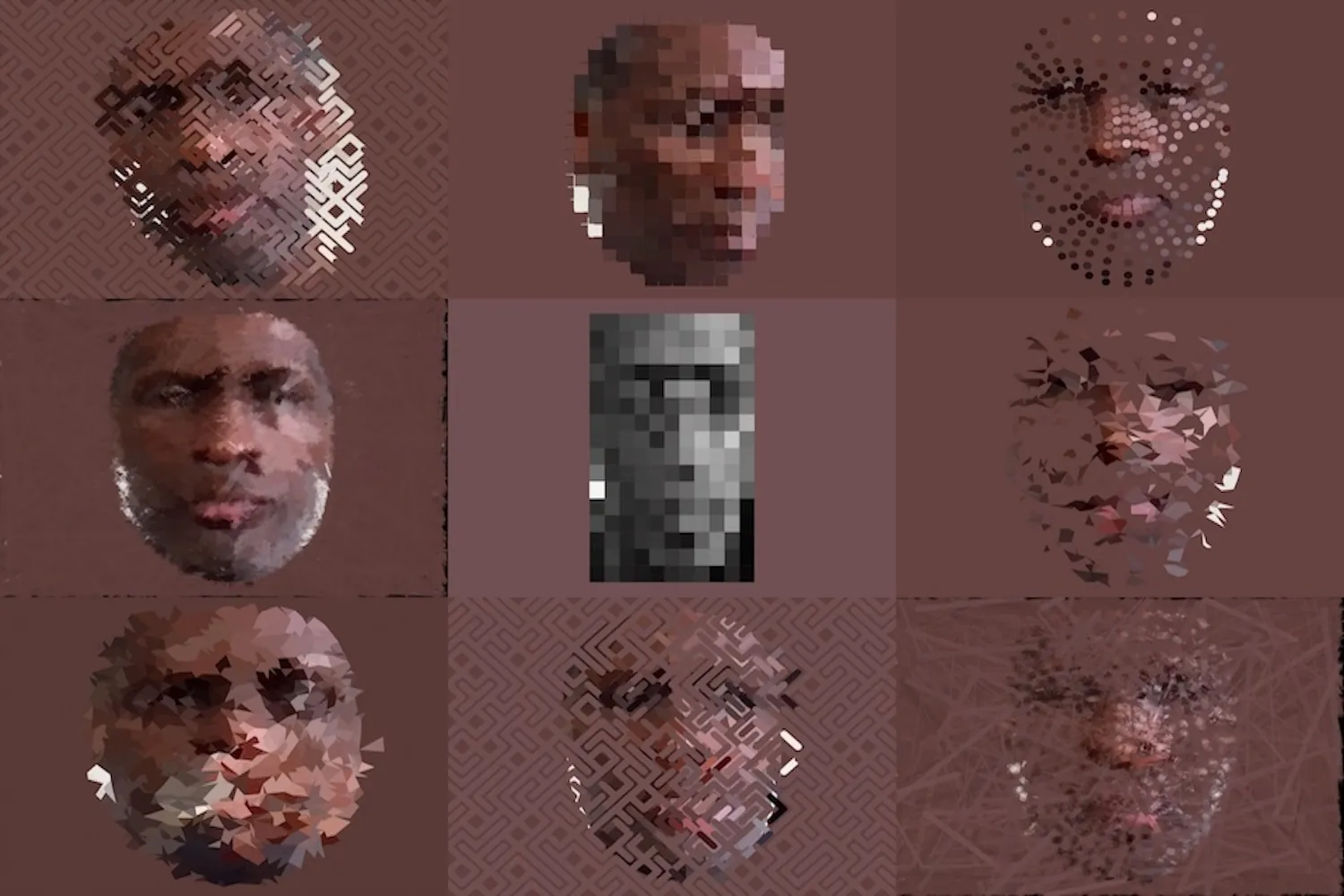 9 video effects of the author's face in a 3x3 grid